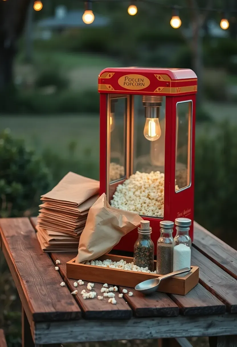 An outdoor popcorn station with a vintage-style popcorn machine on a wooden table, bowls and seasoning shakers arranged beside it in a backyard setting