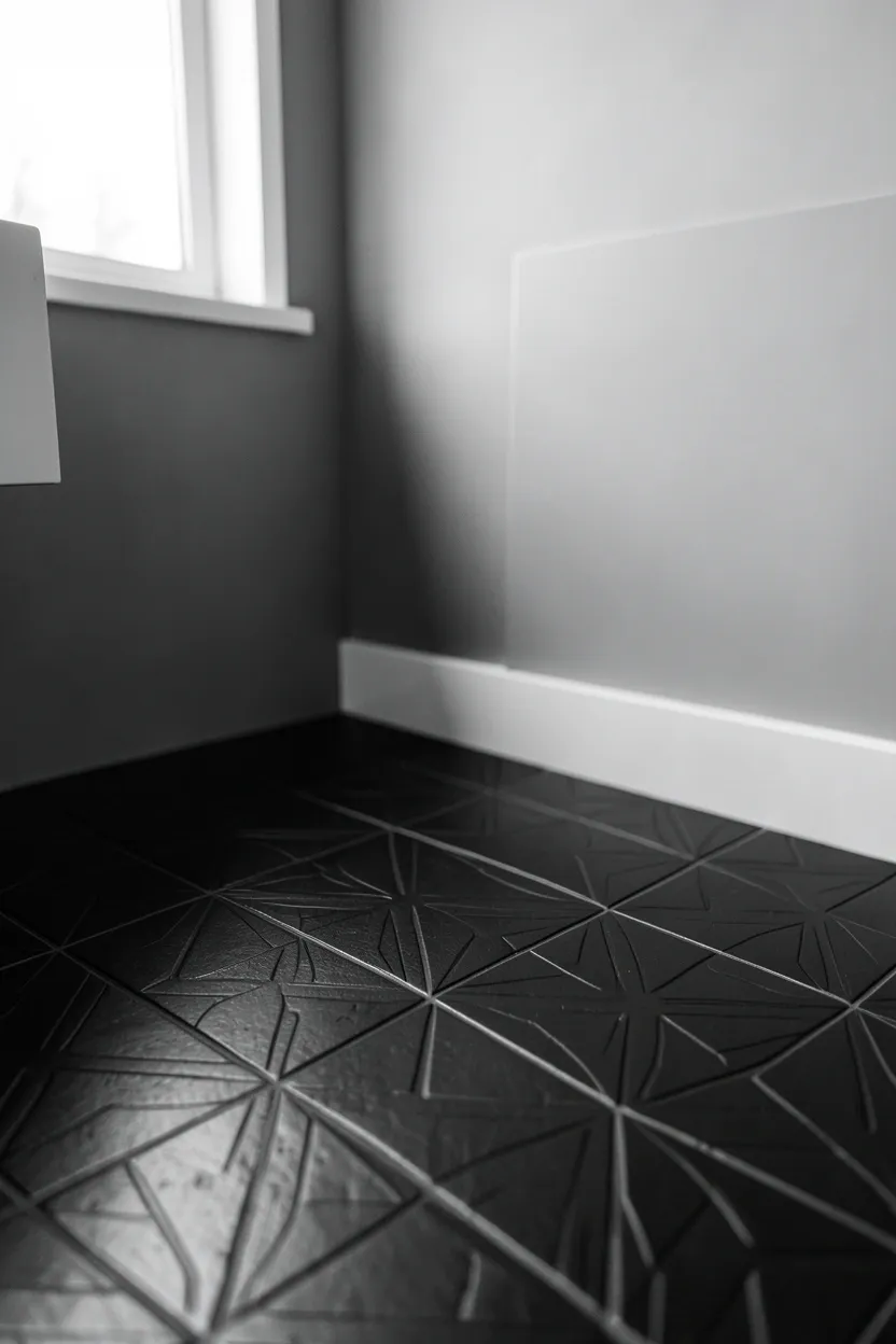Black encaustic cement patterned floor tiles with subtle texture in a modern bathroom — solid white walls highlight the design