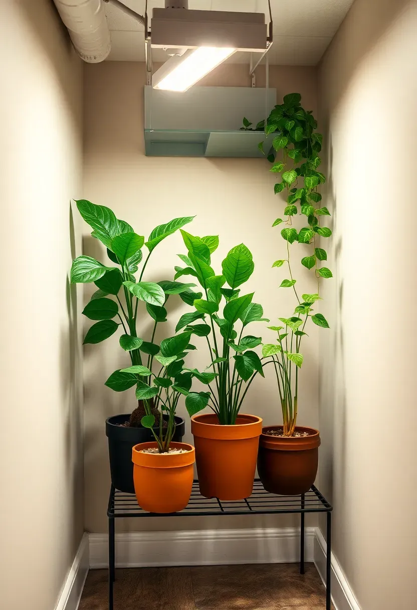 Basement corner with potted plants arranged on stands and shelves under full-spectrum grow lights with trailing greenery