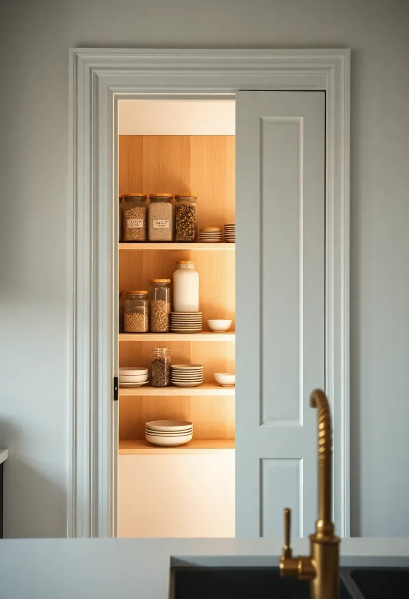 Narrow micro pantry revealed behind a sliding pocket door in a small white kitchen, with organized shelves holding jars, spices, and dry goods