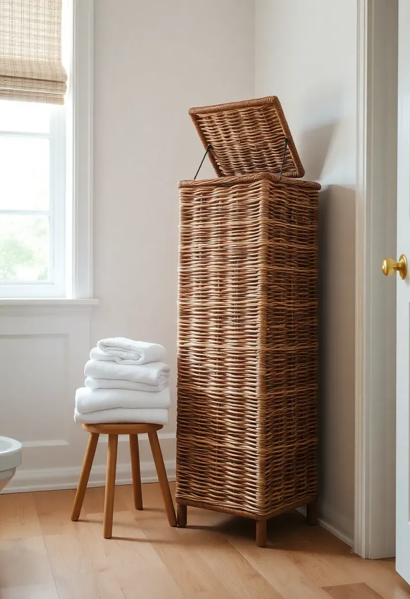 Tall woven wicker hamper with a hinged lid standing in the corner of a bathroom near folded white towels