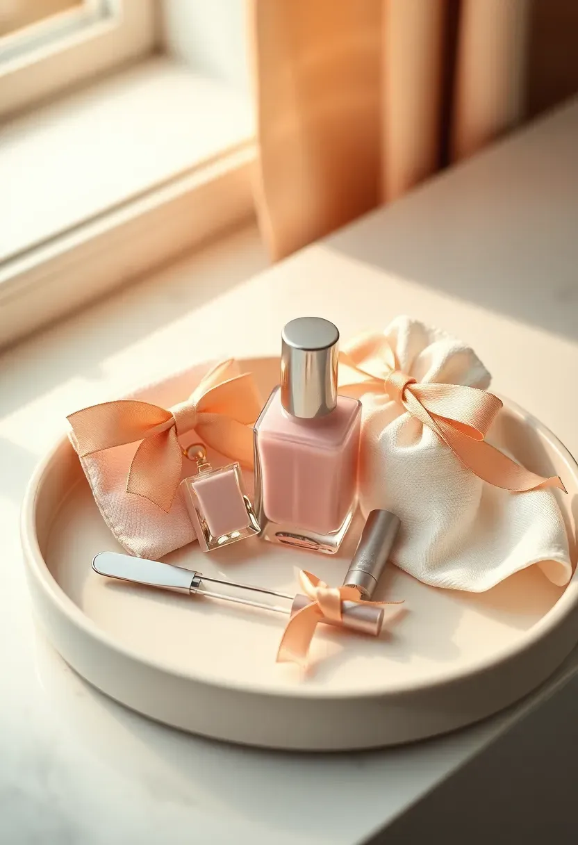 nail care kit with pastel pink nail polish bottle nail file and cuticle oil pen in cotton pouch on tray