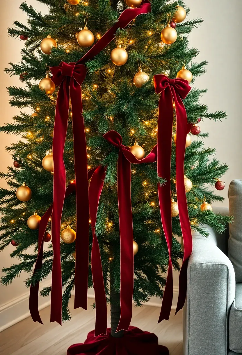 Hyper-realistic 3/4 view of Christmas tree featuring ribbon stream design: 7-foot fir tree with warm white lights and minimal gold ornaments, six cascading ribbon streamers in wide burgundy velvet draping naturally from upper branches down through mid-section. Ribbons show soft folds and graceful curves, catching light from nearby window. Light wood floor visible, white wall background, portion of gray sofa in frame. Materials: fresh fir, burgundy velvet ribbon, matte gold ornaments, LED lights. Soft window light (4600K) creating highlights on ribbon texture showing velvet pile and sheen, elegant holiday mood, shallow depth of field tree details, composition showing ribbon as accent not overwhelming. No text logos watermarks.</p>