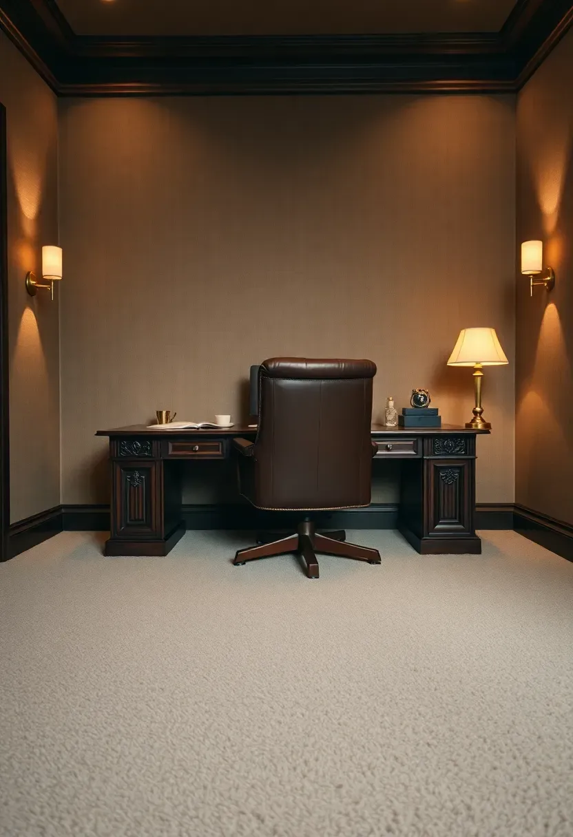 Luxurious windowless basement office with plush carpet, wall sconces casting warm light, and a mahogany desk