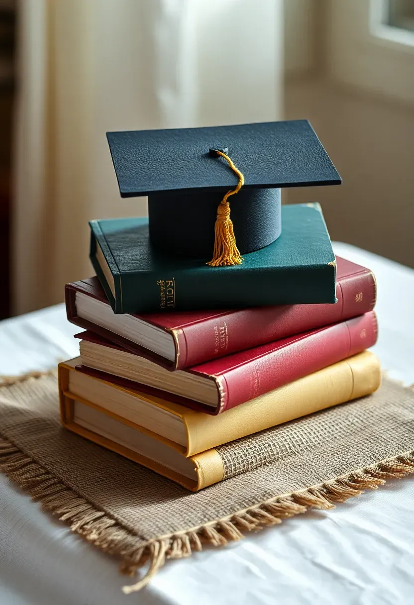 Stacked vintage books topped with a miniature mortar board and diploma decoration