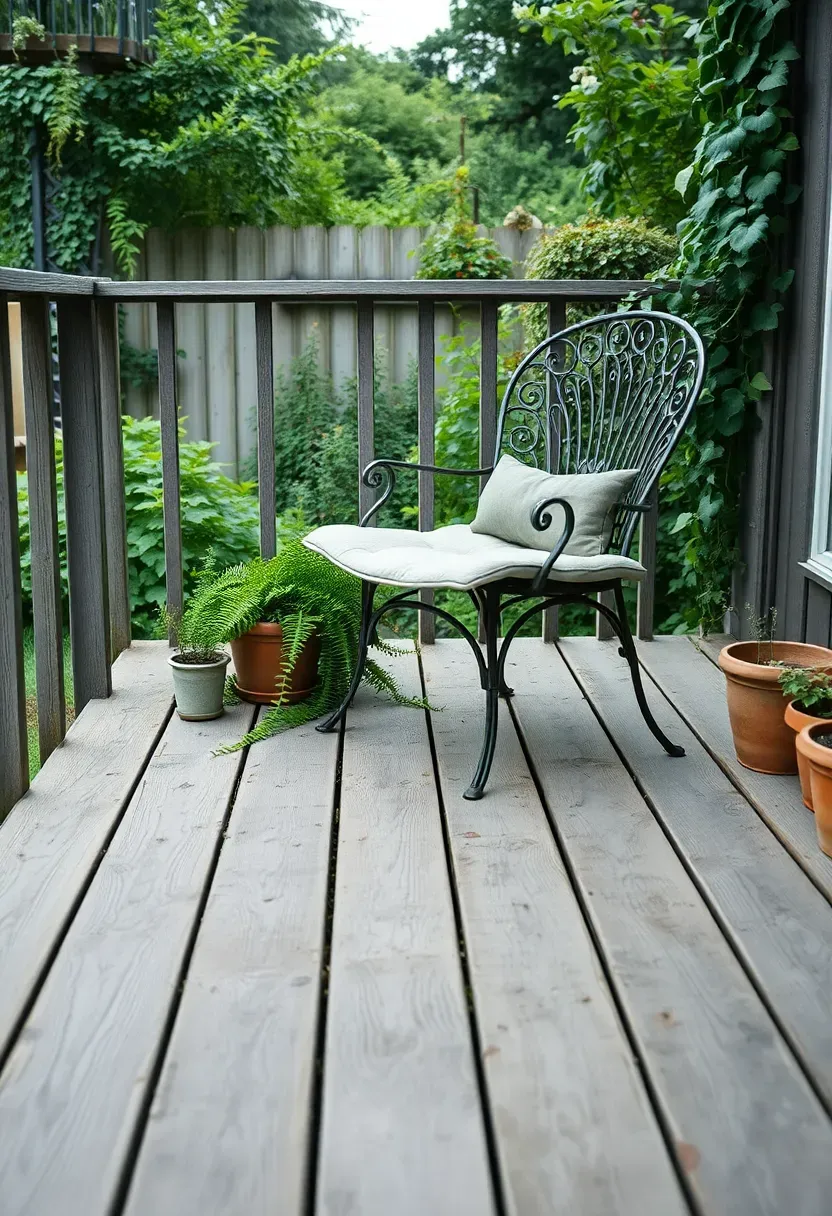 A weathered reclaimed wood deck in a backyard surrounded by lush plants and vintage outdoor furniture