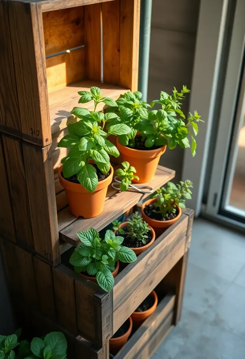 Compact herb garden in tiered wooden crates on an apartment patio with basil, mint, and rosemary