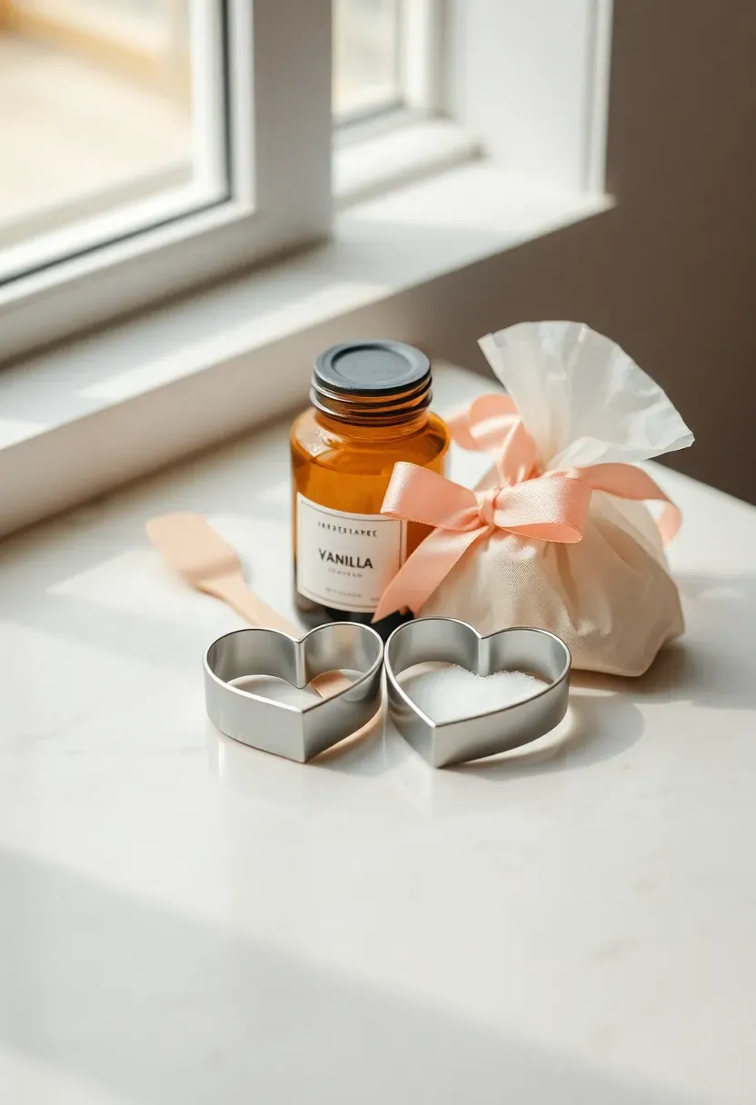 baking gift set with vanilla extract jar silicone spatula heart cookie cutters and ribbon on marble