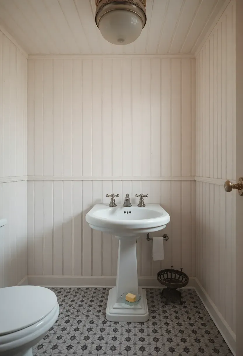 Classic beadboard ceiling painted soft white in a vintage style bathroom with pedestal sink and hexagonal floor tile