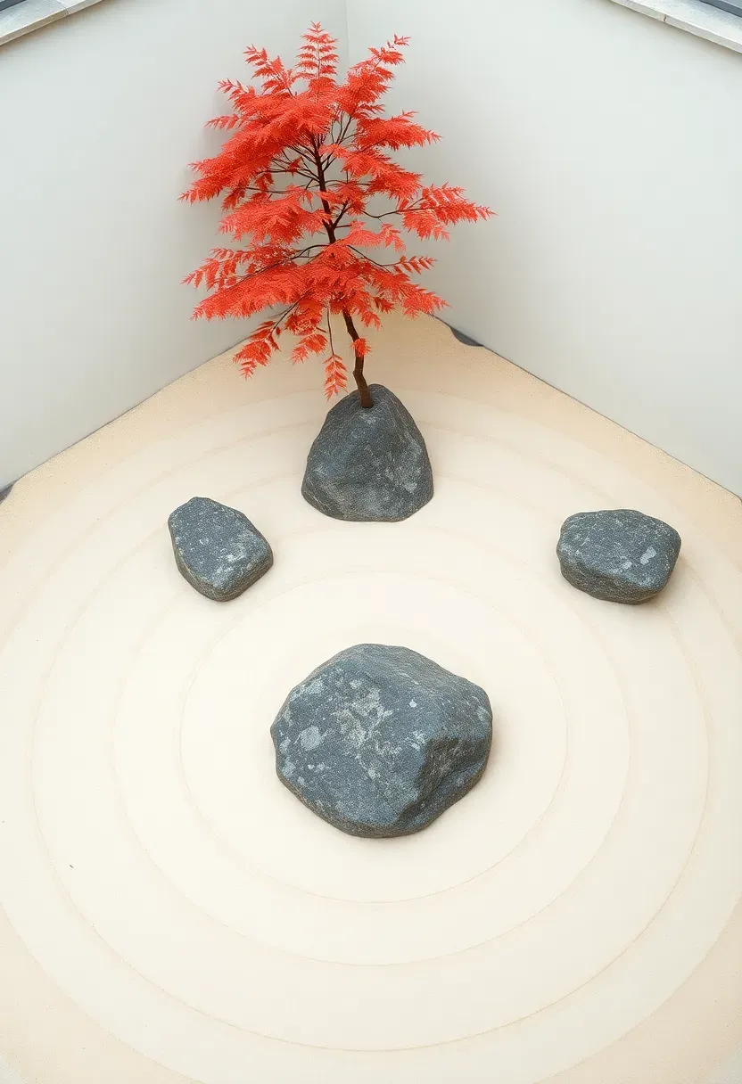 Japanese-inspired walled courtyard with three large granite boulders, carefully raked pale sand patterns, and a solitary Japanese maple casting dappled shade