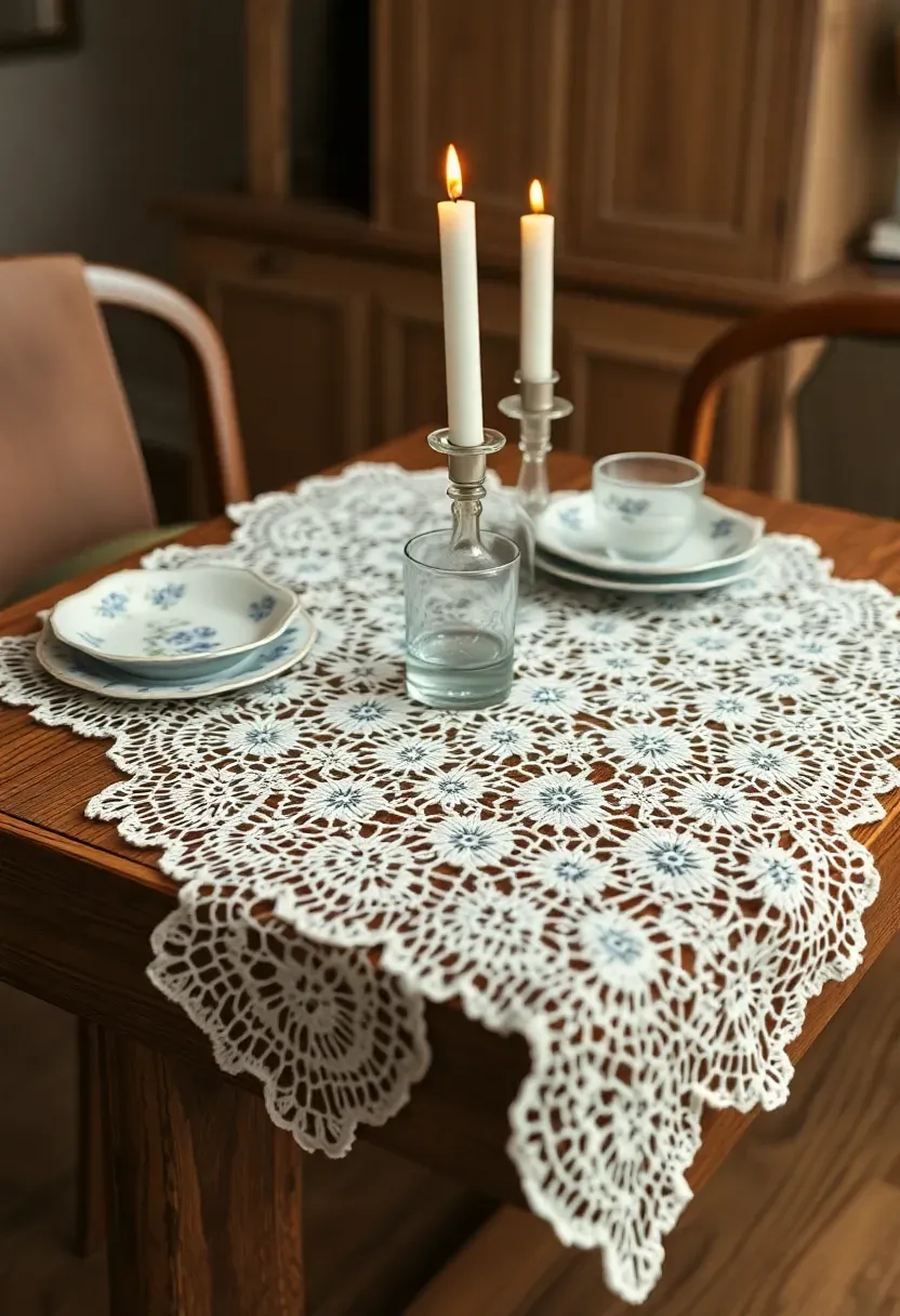 Vintage crocheted doily table runner draped across a weathered farmhouse dining table set with mismatched china plates