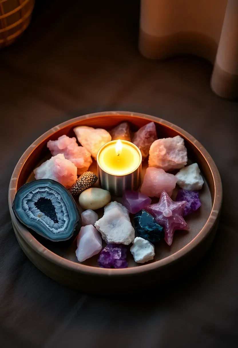 Small succulents in geometric concrete, terracotta, and ceramic planters arranged on a round shallow wooden tray on a windowsill