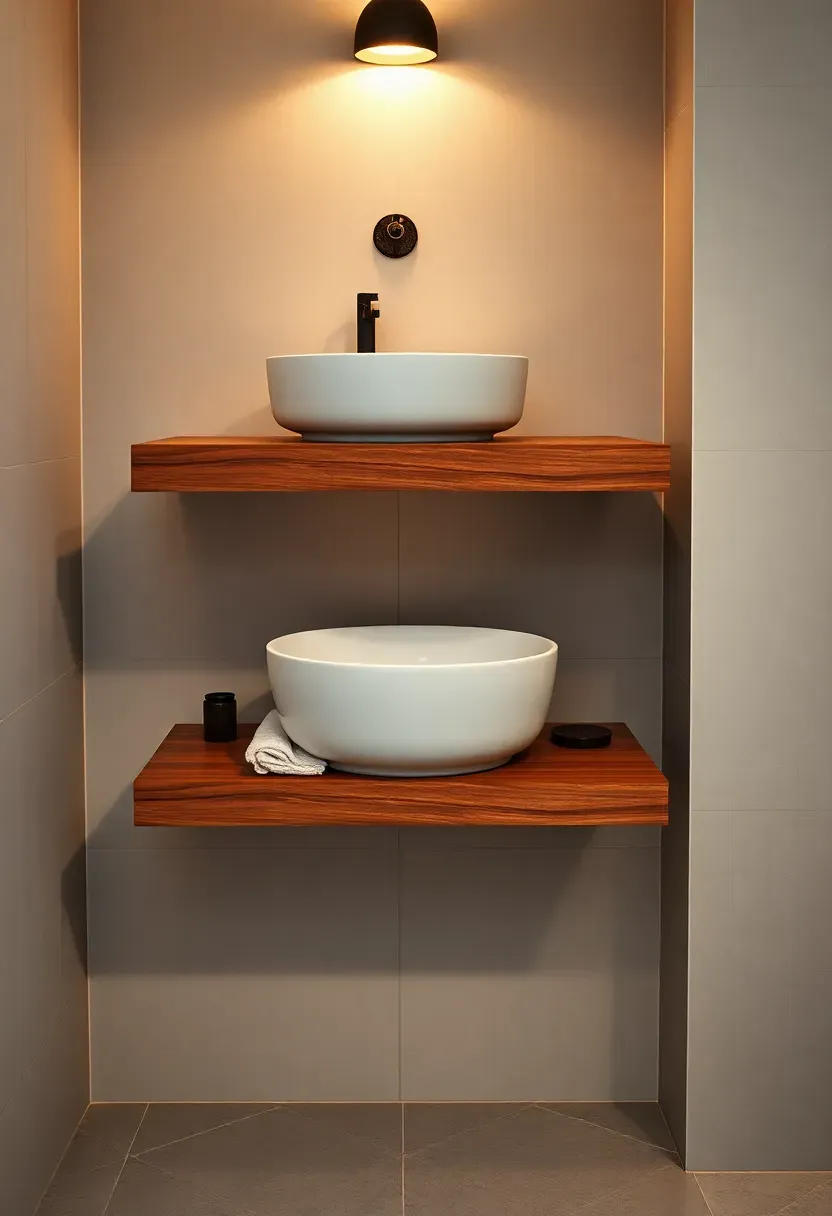 Modern floating vanity with a wooden shelf underneath mounted on a basement bathroom wall with a vessel sink