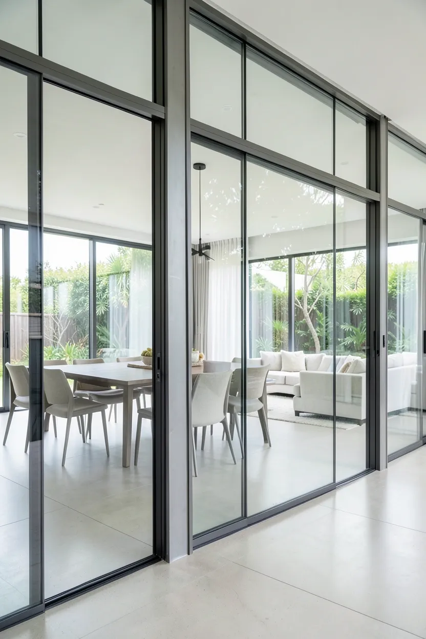 Built-in window seat with light oak base, white linen cushions, and black metal hardware