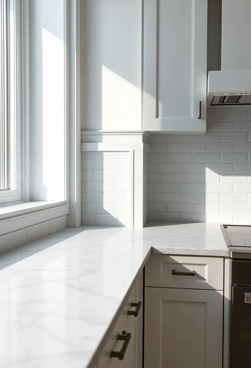 thin Carrara marble pencil molding trim bordering subway tile backsplash in elegant white and gray kitchen
