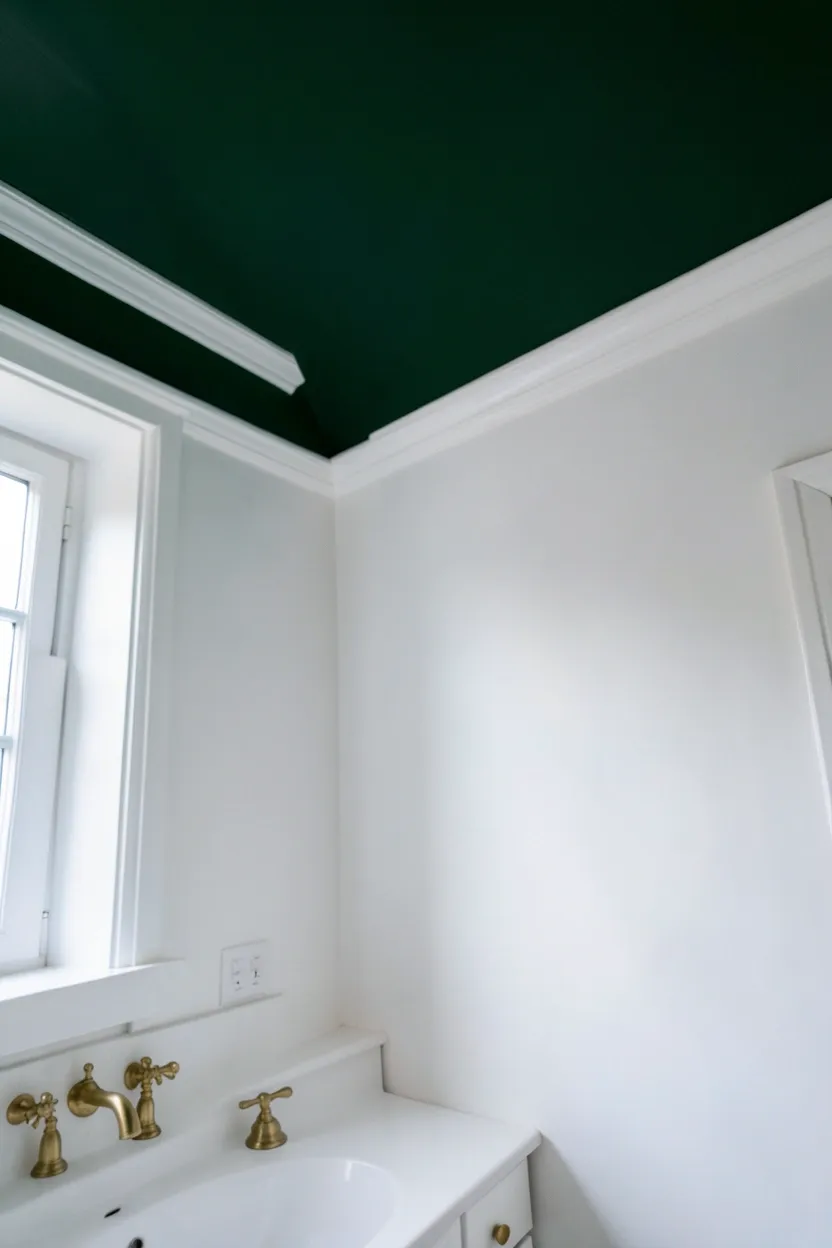 Hunter green painted ceiling contrasting with bright white bathroom walls and gold sconces — unexpected green bathroom color idea