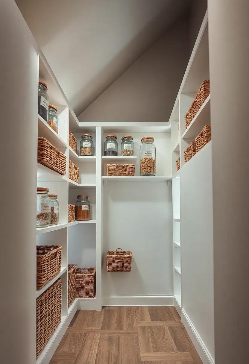 Under-stair basement space converted into a walk-in pantry with custom shelving, pull-out drawers, and labeled storage jars