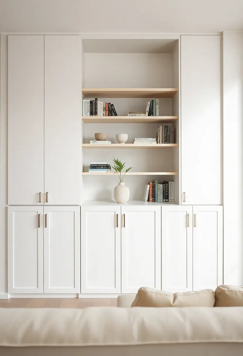 Hyper-realistic straight-on view of minimalist built-in shelving unit in Japandi living room: floor-to-ceiling white built-ins with lower cabinet doors and upper open shelves, sparsely styled with neatly arranged books, ceramic vases, single small plant, cream sofa visible in foreground. Materials: matte white lacquer cabinets, light wood shelves, colorful book spines, matte ceramic, plant greenery. Soft even natural light, subtle shadows at shelf edges. Organized serene mood. Sharp focus on shelf styling, medium depth of field, visible room context with sofa and window. No text, no logos, no watermarks.</p>