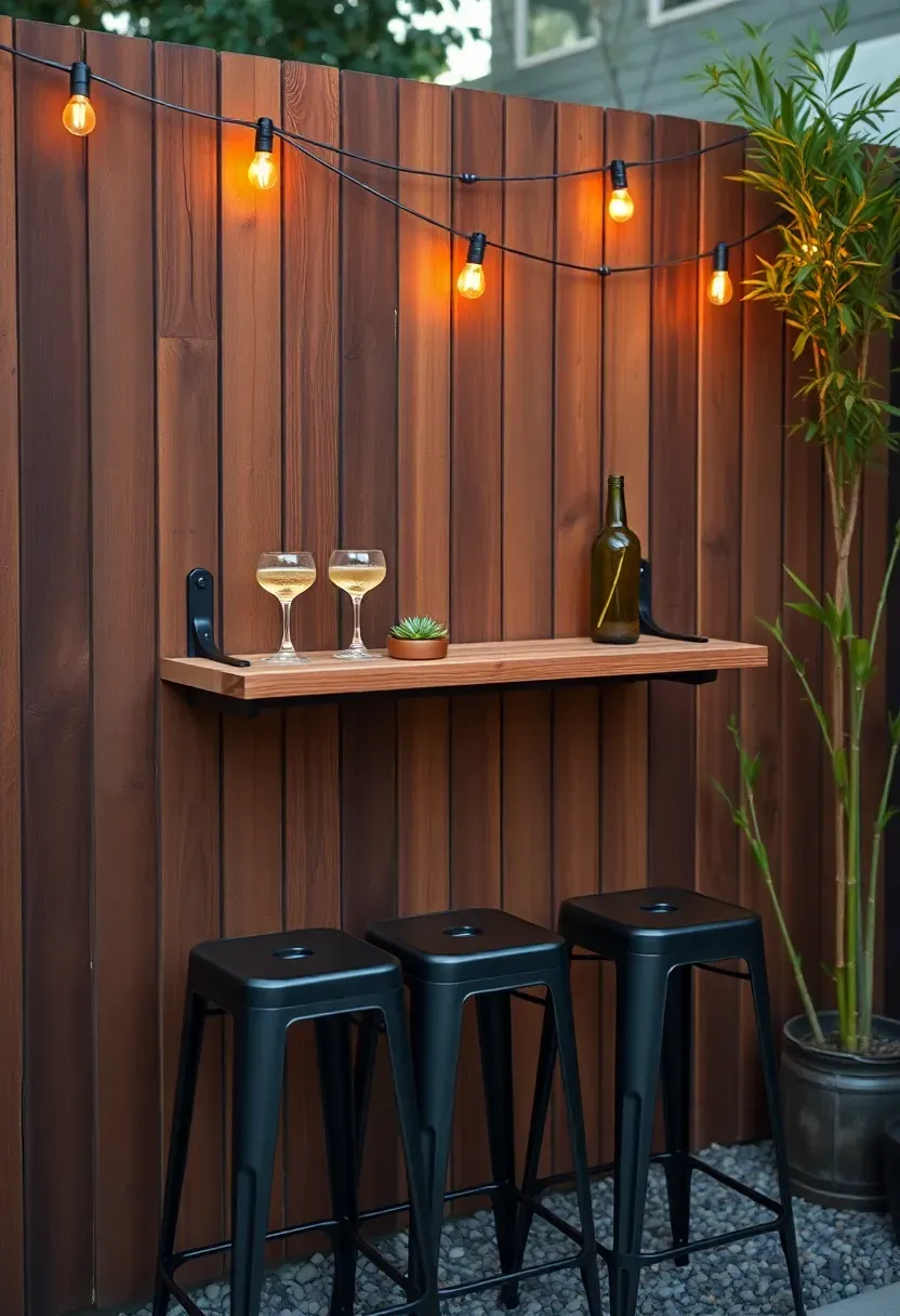 Narrow floating wooden shelf bar mounted on a privacy fence, string lights above, tall stools, cocktail glasses, small urban backyard