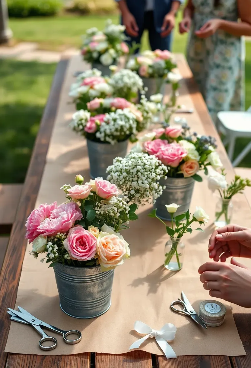 Flower arranging activity table at an engagement party with buckets of fresh flowers, scissors, vases, ribbon, and guests creating their own small bouquets outdoors