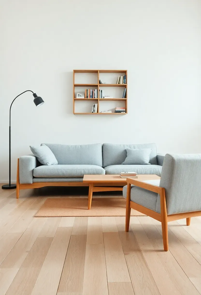 Hyper-realistic eye-level shot of a Scandinavian living room with low-profile furniture. Light gray low-back sofa with slim wood legs, matching armchair. Low rectangular oak coffee table at 30cm height. Horizontal wall-mounted bookshelf with sparse books and objects. Light wood floor, white walls. Floor lamp with arched arm. Materials: ash wood, gray cotton, powder-coated steel. Bright diffused daylight, minimalist composition. Rule-of-thirds placement, soft shadows, no clutter, no text, no logos.</p>