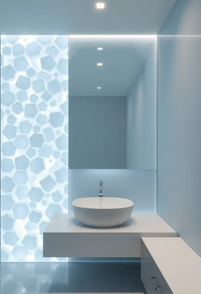 Cool-toned bathroom with a frozen crystal formation accent wall featuring geometric ice crystal patterns in translucent white and pale blue with backlit panels