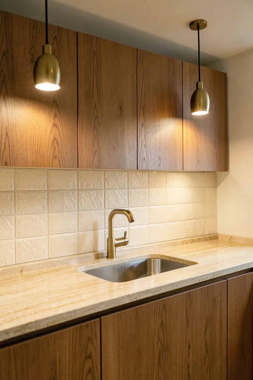 Hyper-realistic eye-level photograph of a kitchen with textured neutral backsplash accent. Backsplash features embossed cream ceramic tiles with subtle texture and relief creating visual interest. Upper cabinets in warm walnut with visible grain visible against textured backsplash. Countertop in honed travertine in warm cream and gold tones. Kitchen sink with warm brass faucet. Warm ambient lighting from brass pendant lights highlights backsplash texture through soft shadows. Neutral walls in pale cream. Clean organized countertops with minimal items. No text, no logos, no watermarks.</p>
