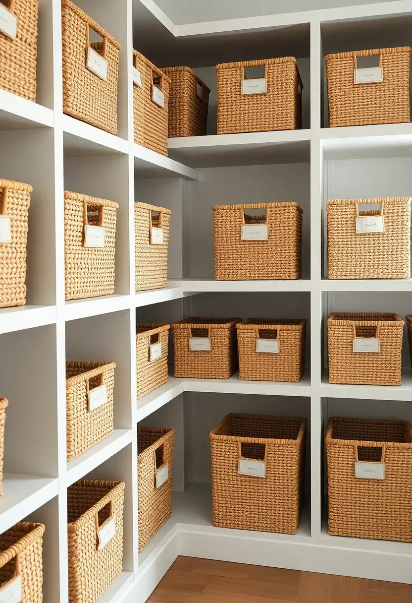 Hyper-realistic straight-on view of white shelving unit with consistent woven seagrass baskets creating uniform organized appearance. Materials: natural woven seagrass storage baskets (matching style/size), white floating shelves, neutral linen labels on each basket. Each basket identical creating rhythmic pattern. Natural light from side window. Baskets neatly aligned with consistent spacing. Sharp focus on basket texture and uniformity. Visible room context showing minimalist organized space. No text, no logos, no watermarks.</p>