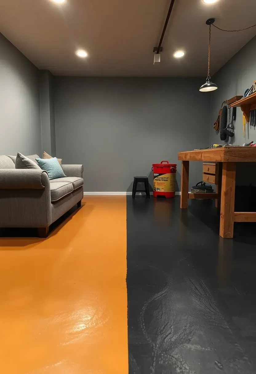 Basement floor painted in two distinct colors with a clean dividing line separating a warm workshop area from a cool-toned living zone