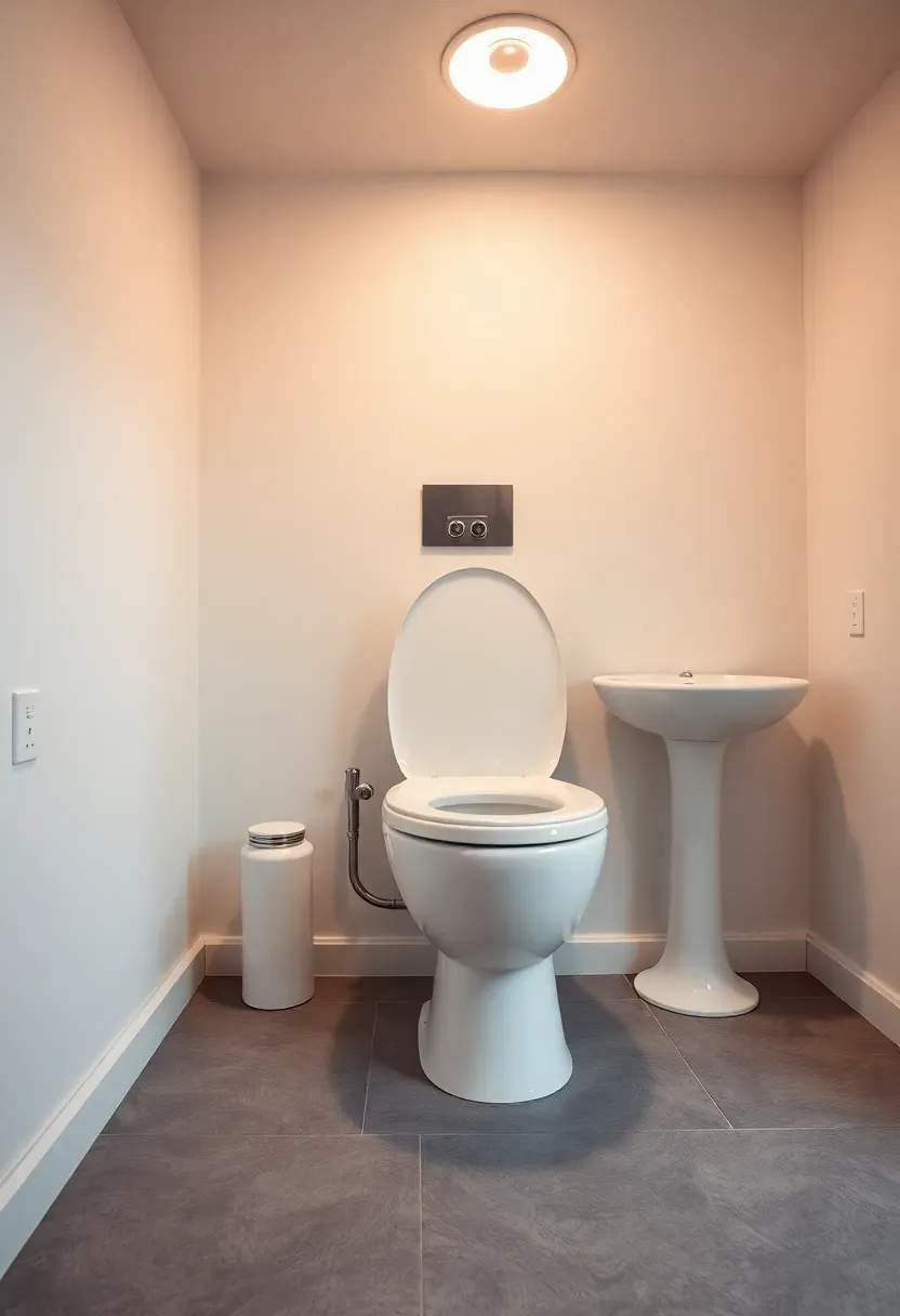 Basement bathroom with an upflush macerating toilet system installed against a finished wall