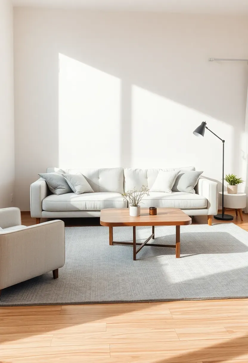 Hyper-realistic wide shot of a minimalist living room with cream walls, cream sofa, soft gray area rug and throw pillows, light oak coffee table. Materials: cream matte paint, cream linen upholstery, soft gray wool rug, light oak wood, black metal floor lamp. Soft natural daylight with subtle shadows, warm and sophisticated neutral atmosphere. Clean minimalist composition, sharp texture contrast between cream and gray, no clutter, no text, no logos.</p>