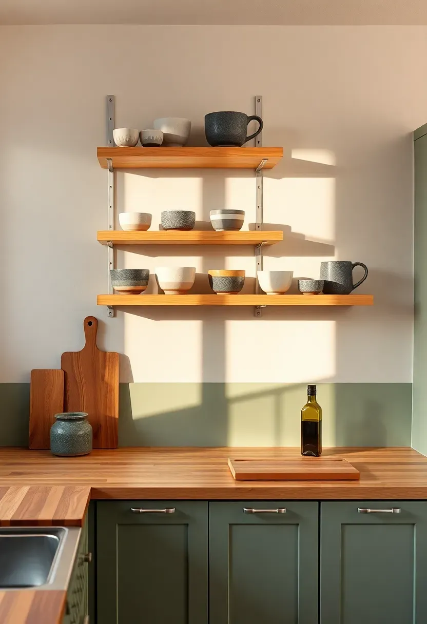 Kitchen wall combining open wooden shelves displaying ceramics with closed lower cabinets