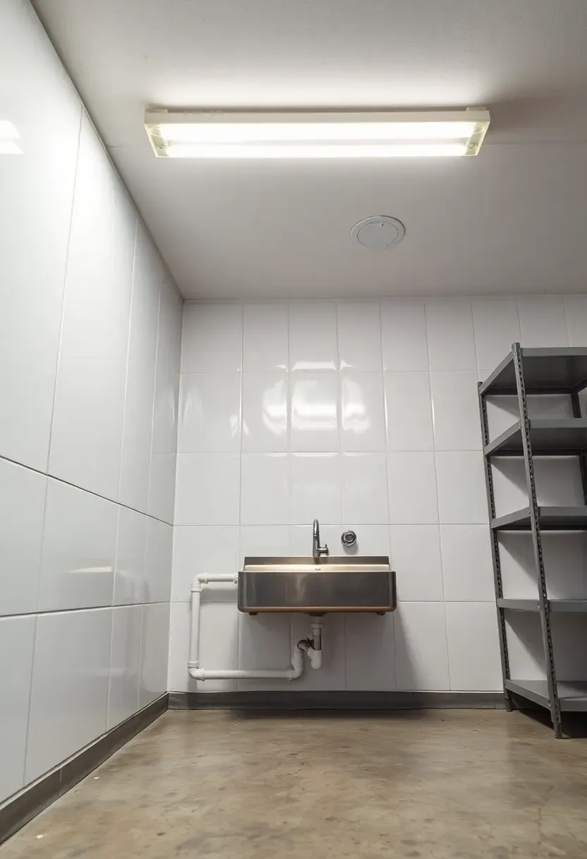 white fiberglass reinforced panels on a basement utility wall with bright fluorescent overhead lighting