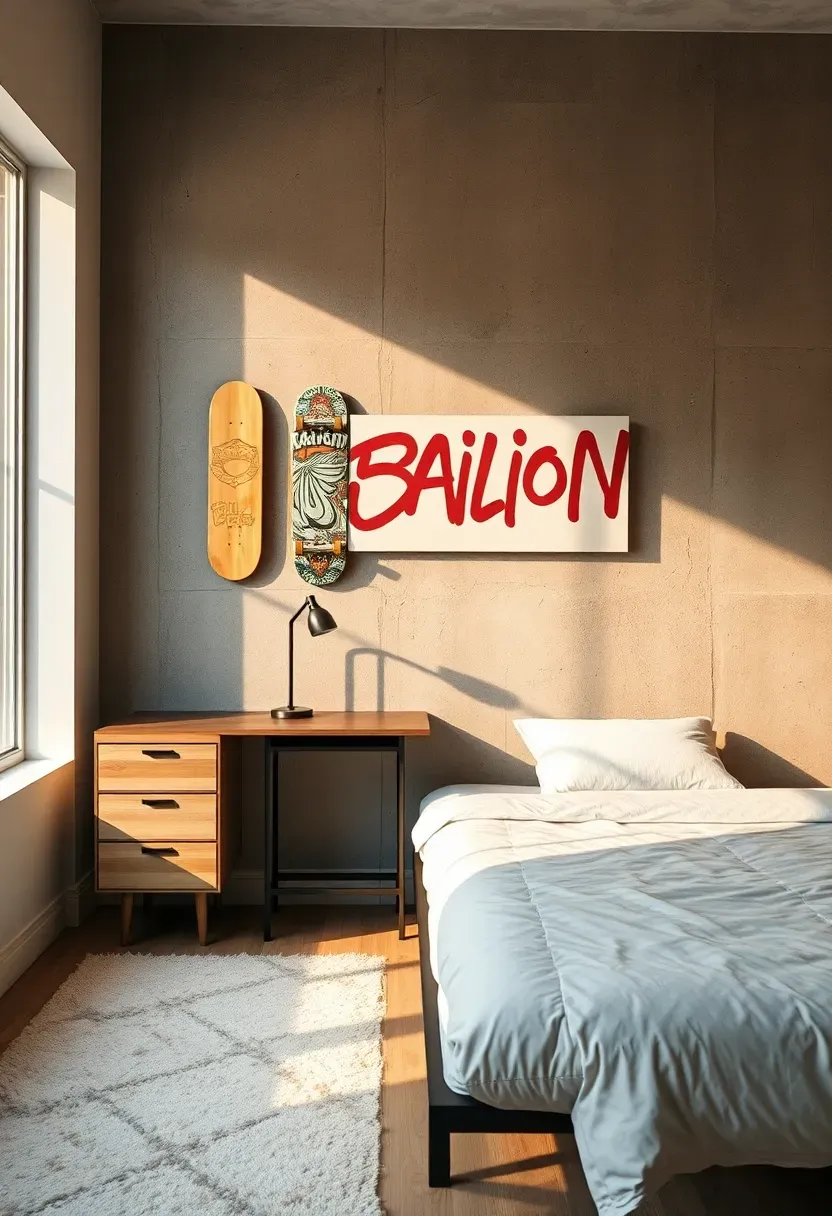 Urban skatepark-inspired boy bedroom with a halfpipe headboard, graffiti accent wall, and concrete-look flooring