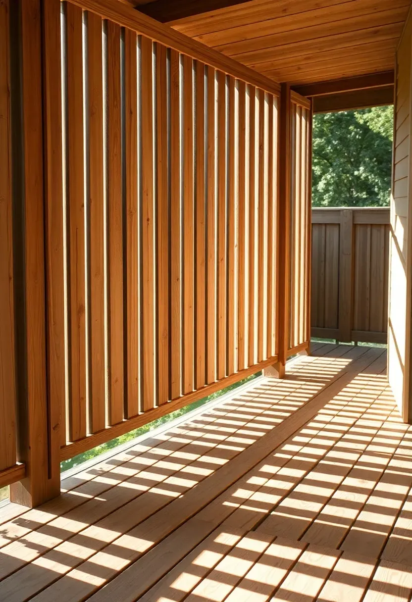 A backyard deck with a tall slatted wood privacy screen along one side, made from vertical 1x4 boards with narrow gaps, filtering light onto the deck surface