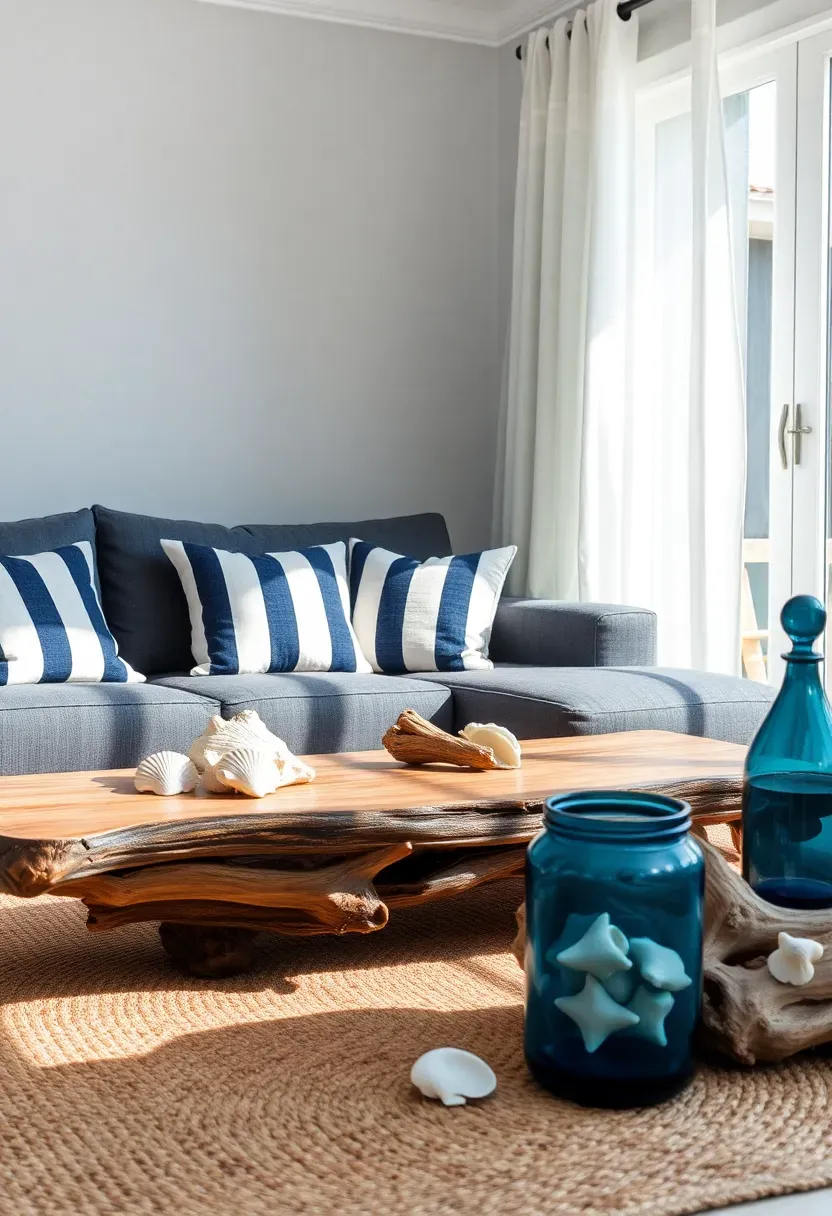 Hyper-realistic 3/4 view of coastal living room with dark grey couch, navy and white striped pillows, jute rug, driftwood coffee table, glass jar with seashells, white linen curtains, blue glass vase. Materials: charcoal fabric, navy cotton stripes, natural jute, weathered driftwood, blue translucent glass. Bright natural light, breezy feel, shadows suggesting sea breeze. Coastal mood like beach house rental. Shallow depth of field, visible jute texture and seashells. No text, no logos, no watermarks.</p>