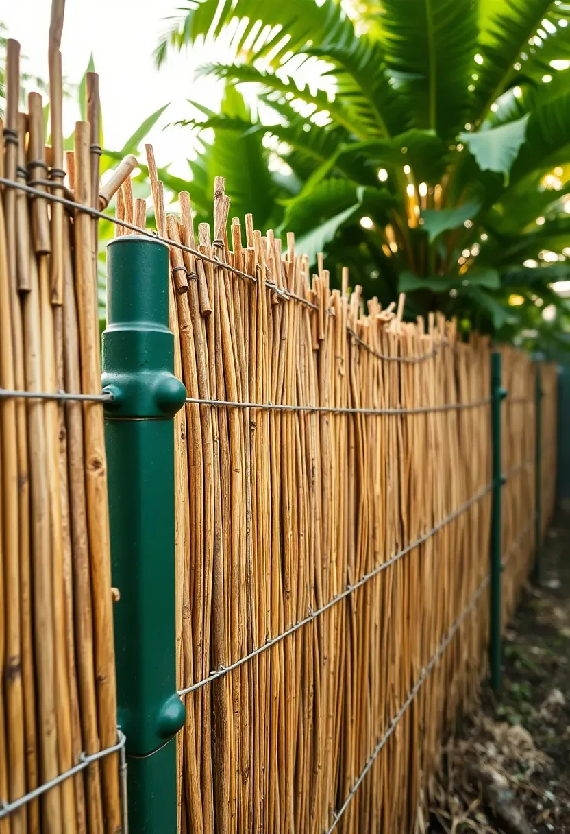 A rustic reed fence attached to metal posts along a backyard boundary with lush green plants growing behind it