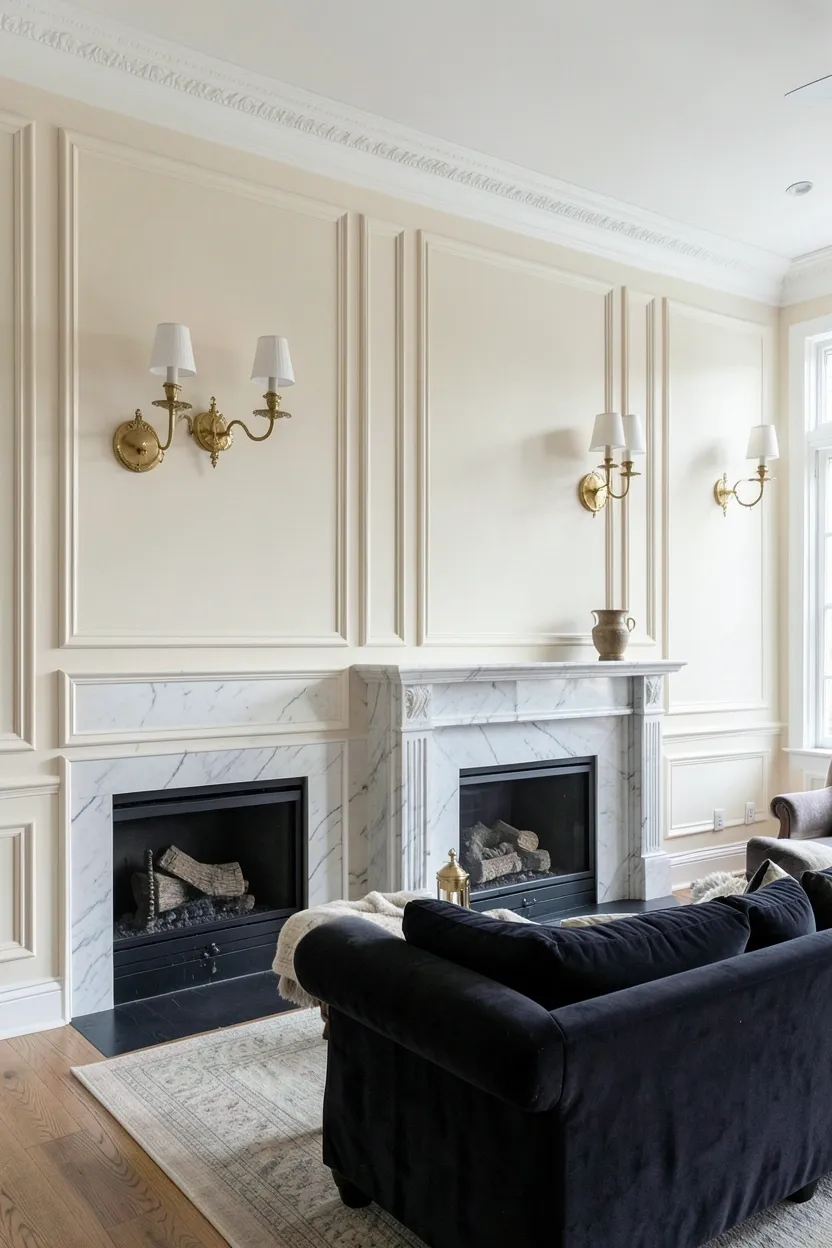 High-ceiling living room with white crown molding, wainscoting panels, and warm neutral walls in a sophisticated luxury interior