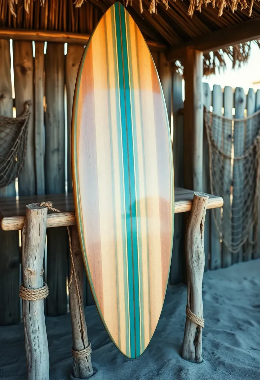 Tiki bar with an actual vintage surfboard mounted as the bar top surface surrounded by rope and driftwood accents