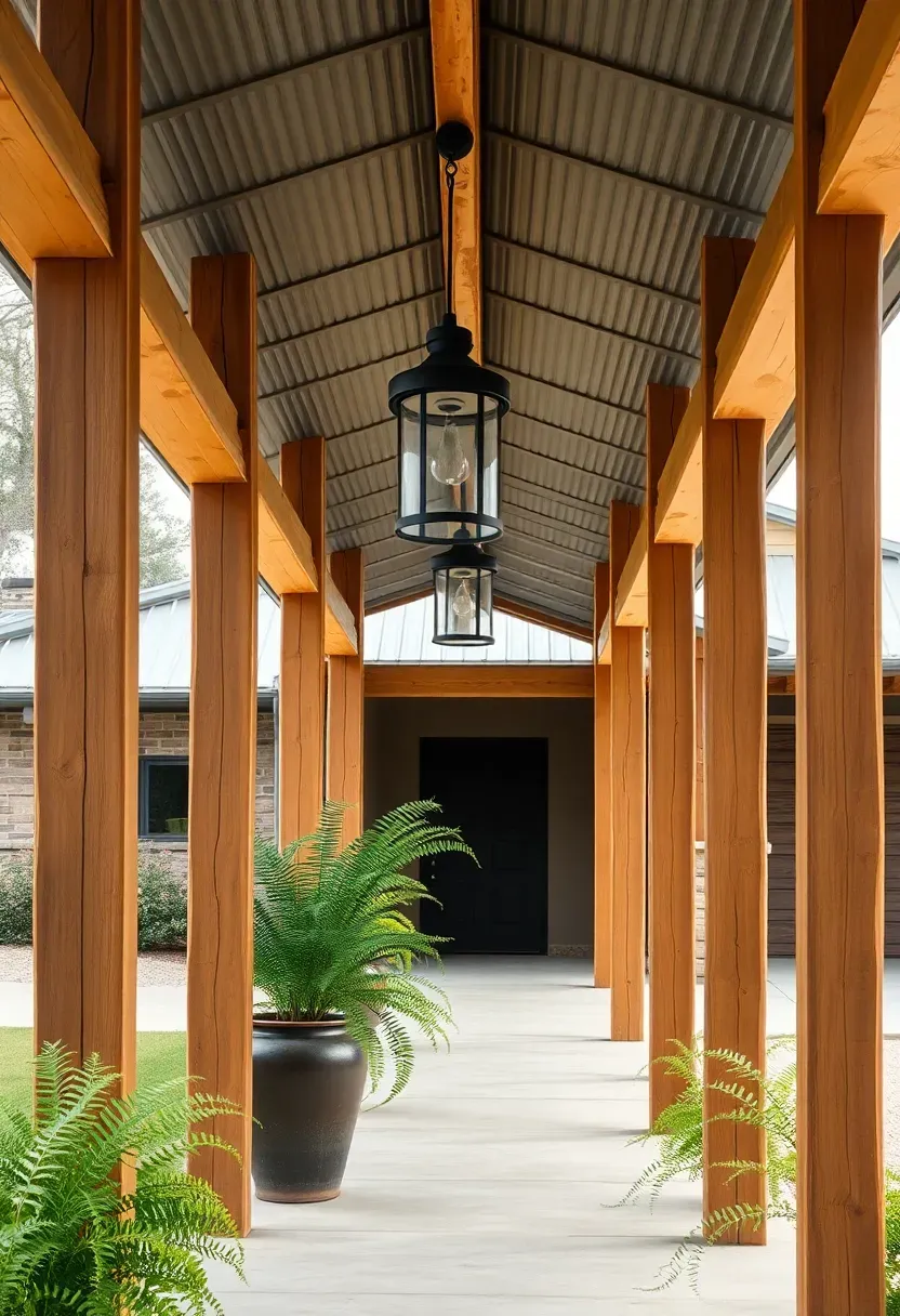 Covered breezeway connecting a Texas house to a detached garage with exposed cedar beams, pendant lights, and potted plants along the walkway