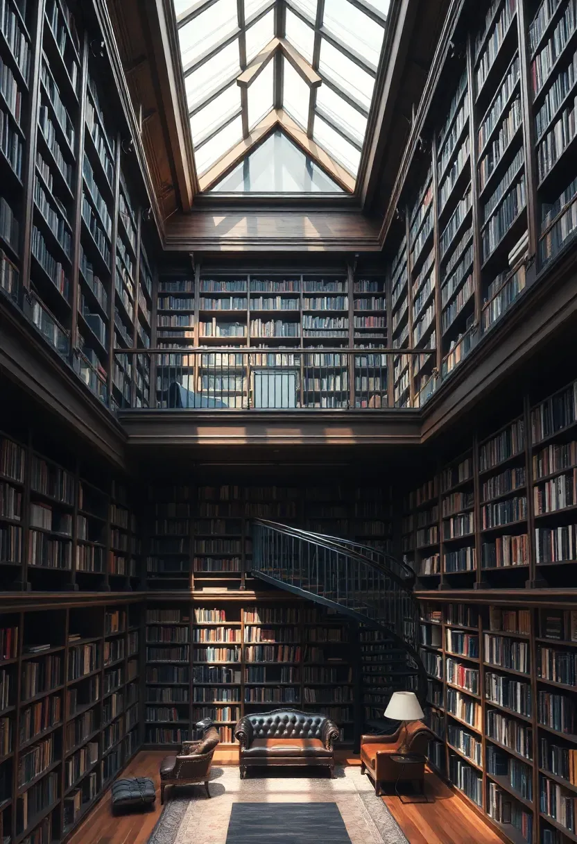 Hyper-realistic 3/4 view of a double-height library with floor-to-ceiling bookshelves on both levels and a glass railing mezzanine. Dark stained oak shelves reach upward to a skylight, a spiral staircase connects the levels, with a leather sofa and reading table on the main floor. Materials: dark oak, glass railing, wrought iron, leather. Natural light filtering from above through skylight, creating dramatic shadows and illuminating book spines. Grand awe-inspiring mood like a European estate library. Sharp details, visible vertical scale, no clutter.</p>