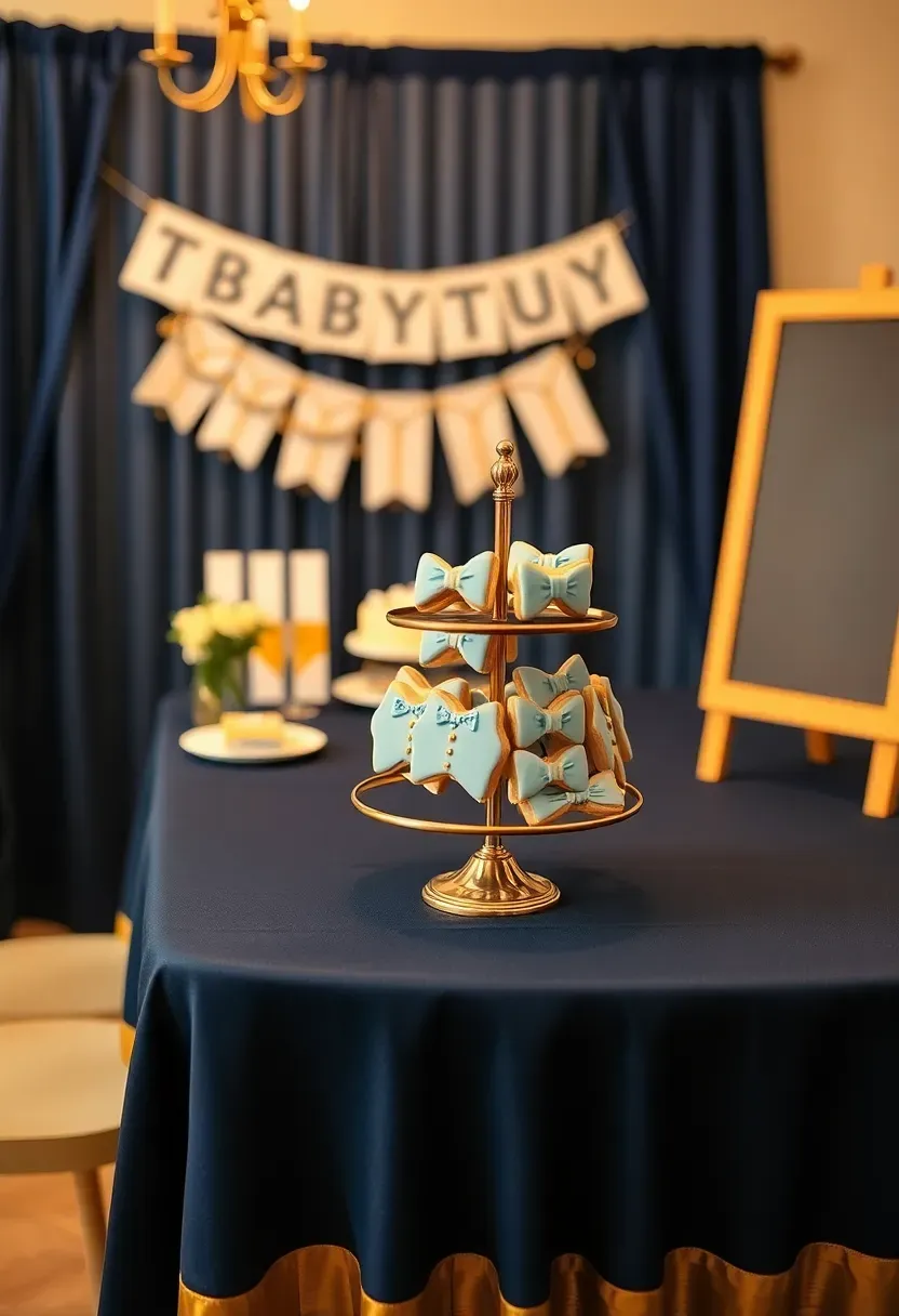 sophisticated baby boy shower setup with bowtie shaped cookies, suspender themed banner, navy and gold table decor, and a dessert bar with a little gentleman sign