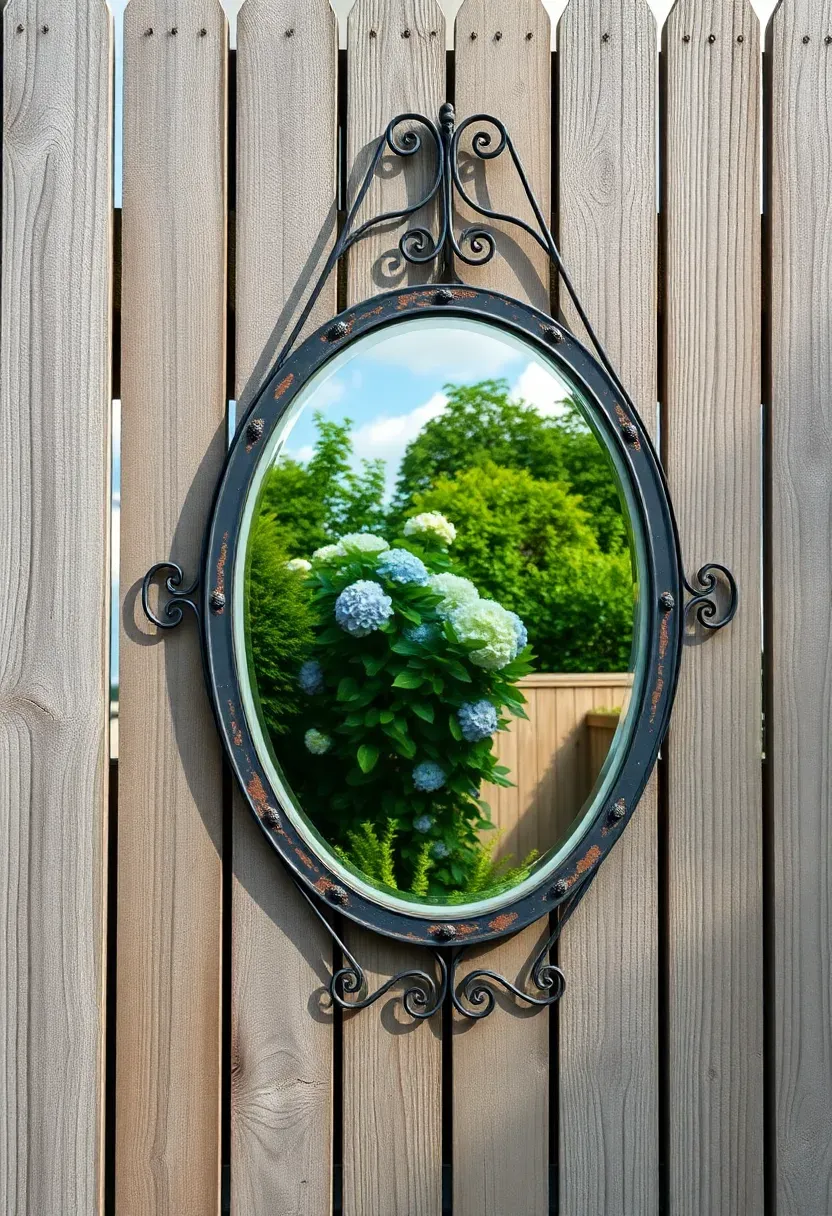 Arched decorative mirror with distressed metal frame mounted on a wooden fence reflecting garden greenery and sky in a small backyard