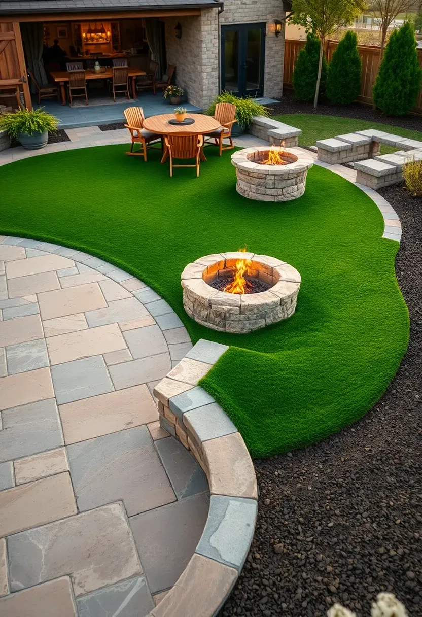 Curved putting green wrapping around the edge of a large stone patio with outdoor furniture and fire pit nearby