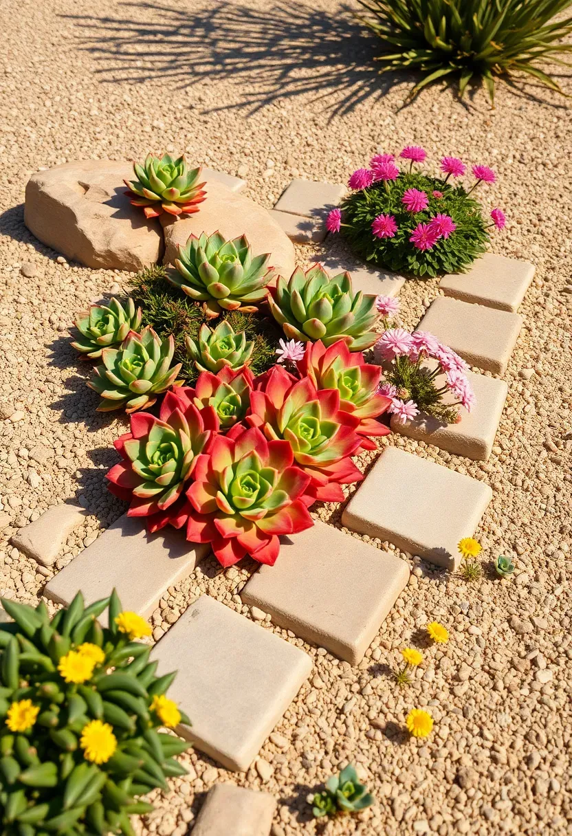 A rock border flower bed with succulents, sedums, ice plants, and small flowering perennials arranged among decorative gravel and flat stones