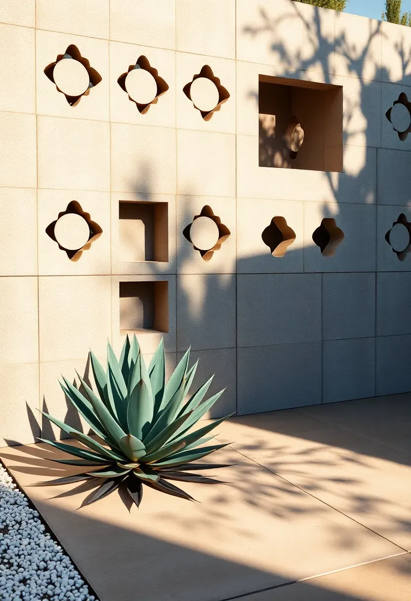 Decorative concrete block breeze wall with geometric patterns casting shadows on a mid-century modern backyard patio in warm afternoon light