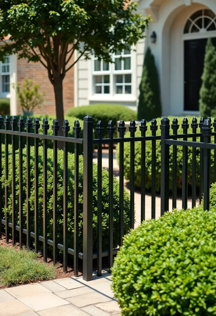 Black aluminum picket fence around a manicured front yard with boxwood hedges and a stone walkway
