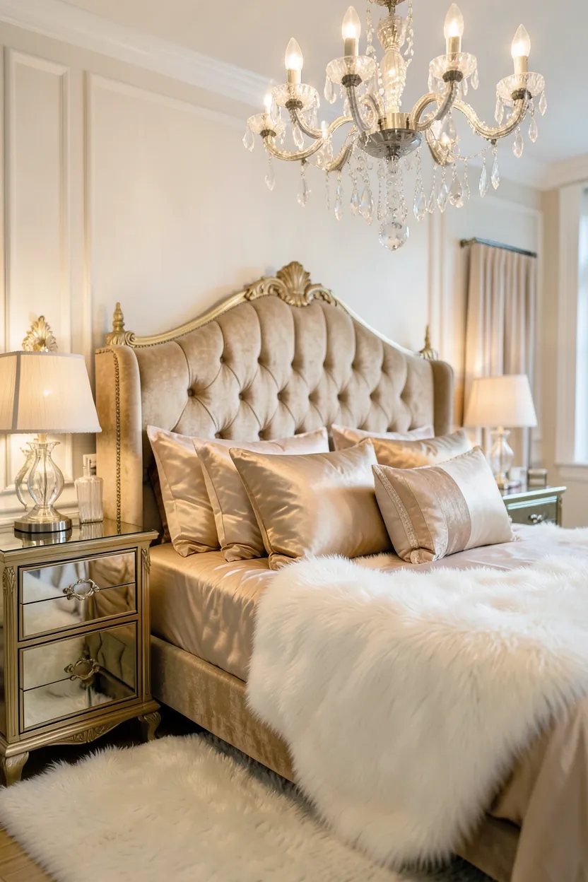 Glamorous Champagne Gold Velvet with Crystal Chandelier