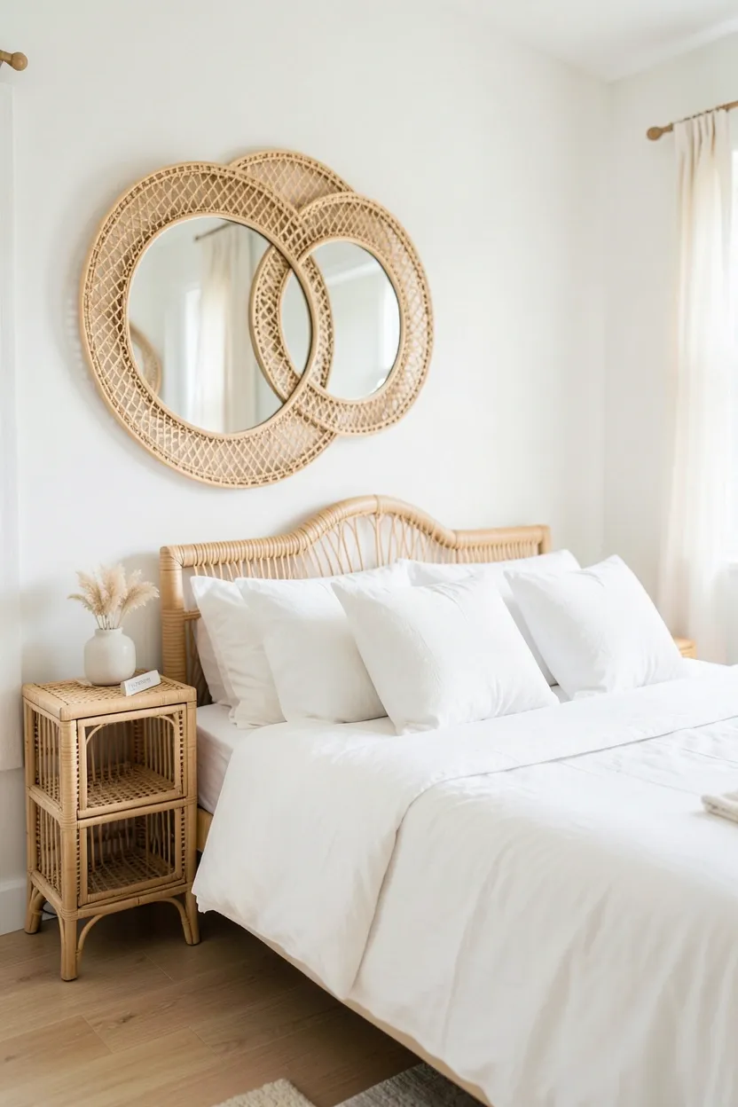 Boho bedroom with large rattan-framed statement mirror above the bed reflecting natural light, making a small rental bedroom feel larger