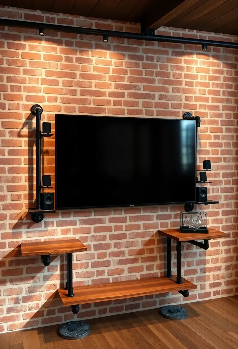 Thin brick veneer accent wall in a basement with iron pipe shelving brackets flanking a wall-mounted television